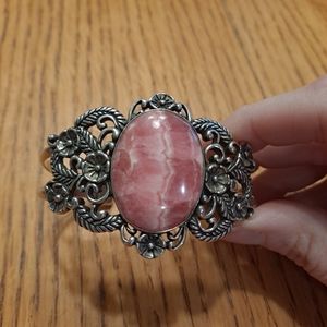 Carolyn Pollack Sterling Silver Natural Rhodochrosite Floral Cuff Bracelet